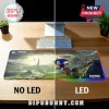 Sonic Frontiers gaming desk mat with LED perimeter option and landscape game art on a wooden desk with a computer.!