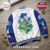 Sonic the Hedgehog 35th anniversary white and blue varsity jacket with graphic print on back and sleeves.!