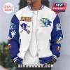 Sonic the Hedgehog 35th anniversary white and blue varsity jacket with snap buttons and Sega character graphics.!