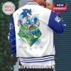 Sonic the Hedgehog white and blue varsity jacket with Forever Fast 35th Anniversary graphics and diamond illustrations.!