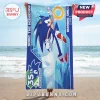 Sonic the Hedgehog blue beach towel featuring 35th anniversary text and a gold ring graphic on a sandy beach background.!