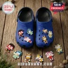 Blue foam clogs featuring Sonic the Hedgehog character charms, including samurai, Statue of Liberty, and royal figures.!