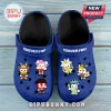 Blue foam clogs featuring Sonic the Hedgehog characters in global costumes with FOREVER FAST text on a wooden background.!