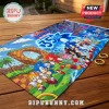 Sonic the Hedgehog 35th Anniversary rectangular fabric playmat on a wooden table with gold ring props.!