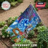 Sonic the Hedgehog 35th anniversary outdoor flag featuring characters on a garden pole in a flower bed.!