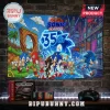 Sonic the Hedgehog 35th Anniversary fabric wall tapestry featuring various game characters against a city and zone background.!