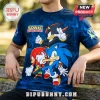 Blue Sonic the Hedgehog t-shirt featuring Sonic, Shadow, and Knuckles graphics on a tie-dye fabric print.!