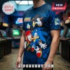 Blue Sonic the Hedgehog t-shirt featuring Sonic, Shadow, and Knuckles graphic with a 35th anniversary sleeve patch.!