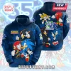 Navy blue Sonic the Hedgehog 35th anniversary hoodie featuring Sonic, Shadow, Tails, and Knuckles graphics.!