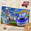 Sonic the Hedgehog 35th Anniversary beach towel with blue character graphics on a sand background with a straw hat.!