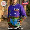 Purple varsity jacket featuring Sonic the Hedgehog graphics, Green Hill Zone landscape, black button front, and striped trim.!