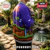 Purple varsity jacket featuring 16-bit Sonic the Hedgehog Green Hill Zone graphics with checkered patterns and palm trees.!
