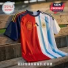 Split design soccer jersey featuring Spain red and Argentina sky blue and white stripes on a wooden stadium bench.!