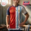 Man wearing a split design soccer jersey featuring Spain red on the left and Argentina light blue and white on the right.!