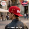 Spain Carlos Alcaraz World Cup 2026 New York red snapback hat with white embroidery and golden trophy logo.