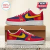 Spain National Football Team 2026 Champions Air Force sneakers in red, blue, and yellow with official tournament emblems.
