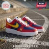 Spain National Football Team 2026 Champions Air Force sneakers in red, blue, and yellow with white soles on a track.