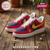 Spain National Football Team 2026 Champions Air Force Sneakers featuring red, blue, and yellow leather on wood floor.