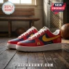 Spain National Football Team 2026 Champions Air Force sneakers in red, blue, and yellow with gold crests on wooden floor.