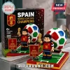 Spain National Football Team 2026 World Cup Champions brick set featuring two player minifigures and a trophy on a field.