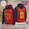 Spain National Football Team 2026 World Cup Champions hoodie in red and navy featuring the trophy and gold typography.