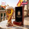Spain National Team 2010 2026 World Cup Champions beer glass shaped like a golden trophy with red accents and a wooden box.