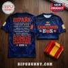 Spain National Team 2026 FIFA Champions Hoodie and t-shirt featuring blue fabric, red lettering, and host city lists.