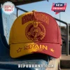 Spain National Team 2026 World Cup Champions cap in yellow and red with gold tournament trophy embroidery on the front.