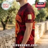 Spain National Team 2026 World Cup Champions Flame Shirt featuring red and black gradient pattern and golden emblem.