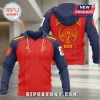 Spain National Team 2026 World Cup Champions football jersey hoodie with red and navy stripes and tournament graphics.