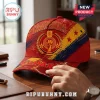 Spain National Team 2026 World Cup Champions red baseball cap with gold trophy emblem, stars, and 'Campeones' text.