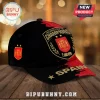 Spain National Team 2026 World Cup Champions red and black baseball cap with golden emblem and championship text.