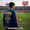 Spain National Team 2026 World Cup Champions varsity jacket in blue with gold text and a stadium background.