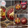 Spain National Team 2026 World Cup Commemorative Coin featuring a golden bull, soccer trophy, and red enamel detailing.