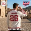 Spain National Team 2026 World Cup white varsity jacket featuring red lettering, striped sleeves, and the number 26.