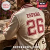 Spain National Team 2026 World Cup white varsity jacket with red lettering and the number 26 on the back.