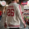 Spain National Team 2026 World Cup white varsity jacket featuring red lettering, striped sleeves, and rib-knit trim.