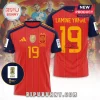 Spain National Team Lamine Yamal 2026 World Cup hoodie in red and navy featuring number 19 and official tournament logos.