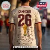Spain National Team World Cup Champions 2026 football jersey in off-white with maroon 26 and trophy graphic on back.