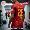 Spain World Cup Champions 2026 Signed Edition football jersey with yellow number 26, trophy graphic, and signatures.