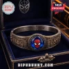 Spider-Man Engraved Bracelet featuring a red masked face inside a blue crystal set on a metallic band in a velvet box.