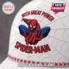 Spider-Man With Great Power White Baseball Cap featuring red and blue embroidered superhero graphic and web pattern.