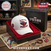 Spider-Man With Great Power white baseball cap featuring embroidered spider web patterns and a front character graphic.
