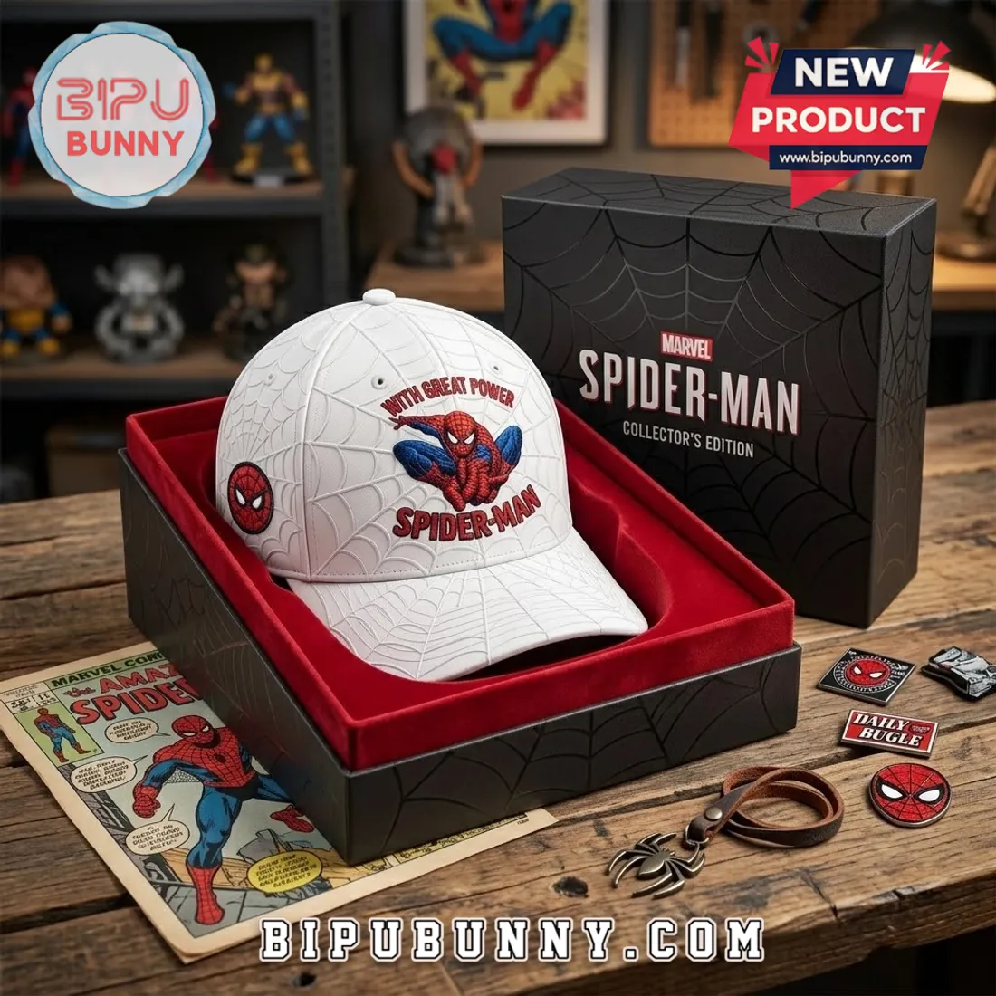 Spider-Man With Great Power White Baseball Cap Spider-Man With Great Power White Baseball Cap