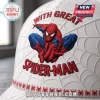 Spider-Man With Great Power white baseball cap featuring an embroidered red and blue superhero graphic and web pattern.