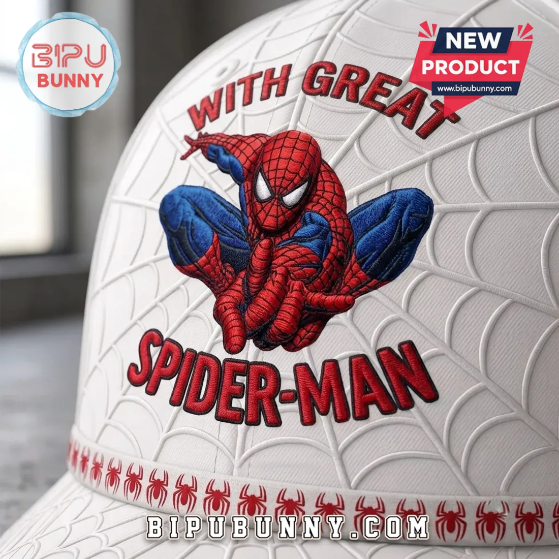 Spider-Man With Great Power White Baseball Cap Spider-Man With Great Power White Baseball Cap