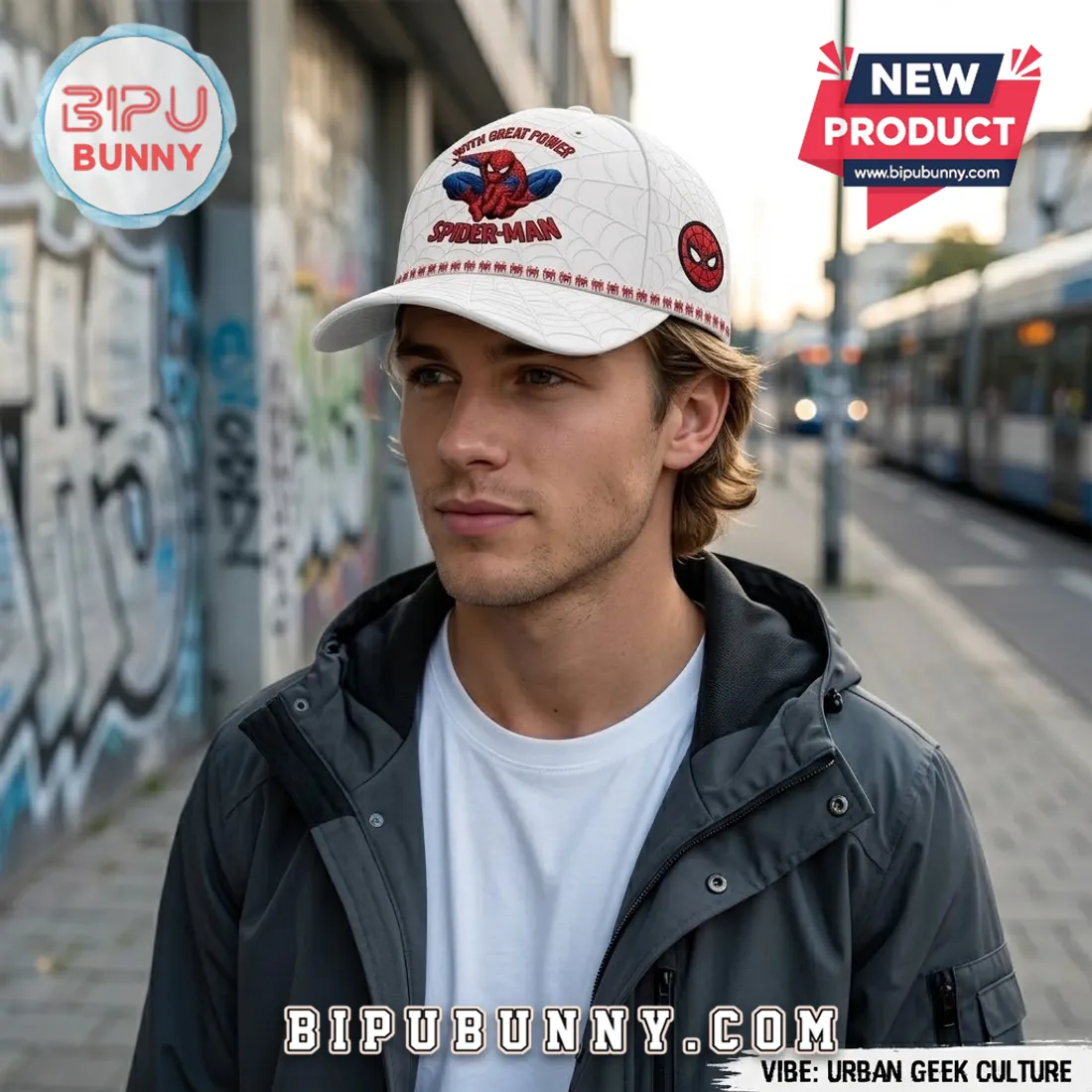 Spider-Man With Great Power White Baseball Cap Spider-Man With Great Power White Baseball Cap