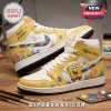 Custom high-top sneakers with SpongeBob art, puzzle piece swooshes, and text reading Autism Acceptance and Different.!