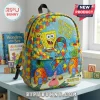 SpongeBob SquarePants backpack featuring puzzle piece patterns, a ribbon awareness symbol, and text reading Be Bright Be Kind.!
