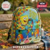 SpongeBob SquarePants backpack featuring an autism awareness ribbon, puzzle piece pattern, and text BE BRIGHT BE KIND BE YOU.!